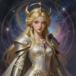 portrait of a small paladin who worships desna, d & d, pathfinder, fantasy, intricate, elegant, highly detailed, digital painting, artstation, smooth, sharp focus, illustration, art by artgerm and greg rutkowski and alphonse mucha, with an epic cosmic background in the style of erak note, eddie mendoza, christophe young, craig mullins, evan lee, silvain sarrailh, dao trong le, kan liu, character design, trending on artstation