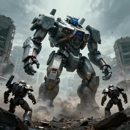vfx film upward angle smashing through, wide angle, futuristic giant powerful sci - fi war mech walking out, emerging from smoke and debris in war zone, crumbling buildings, titanfall irl, mechwarrior, hawken, battletech, pacific rim, flat color profile low - key lighting award winning photography arri alexa cinematography, hyper real photorealistic cinematic, atmospheric cool colorgrade