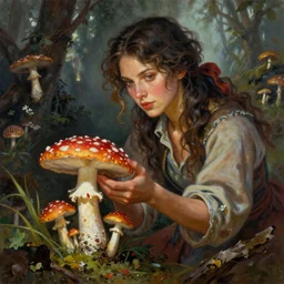 A mixed media portrait painting of a beautiful mycologist woman tending her amanita muscaria mushrooms, detailed Aesthetic! face and eyes, slavic, by Frank Frazetta, Greg Rutkowski, Boris Vallejo, Christian MacNevin, epic fantasy character art, high fantasy, CGsociety, full length, exquisite detail, post-processing, masterpiece, cinematic