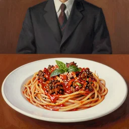 painting of spaghetti and meatballs by rene magritte, hd, 4 k, detailed, award winning