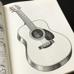 page from a graphic novel depicting intricate and detailed assembly drawing of an acoustic guitar in steampunk style, future punk guitar, fantasy concept art, hyper realistic illustration, 8 k,