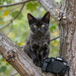 a bat kitten, sitting on a tree, photo taken by a nikon, very detailed, 4k