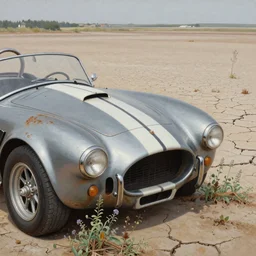closeup rusty shelby cobra, overgrown by weeds, desert, cracked dry lake bed, by beksinski, h.r giger, giger, Zdzislaw Beksinski, highly detailed, soft lighting, 8k resolution, oil on canvas