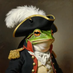 a painting of a frog wearing a black tricorn hat with a white feather and 1 8 th century naval uniform, artstation, classical realism, detailed painting, oil on canvas