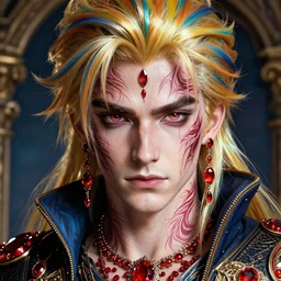 studio portrait graceful, masculine rhagar targaryen young hypercolorful contrast sensual gravure idol red rubies and jewels, ultrafine hyperrealistic detailed face intricate linework, sharp focus, bright colors, matte, octopath traveler, final fantasy, unreal engine highly rendered, global illumination, radiant light, intricate environment
