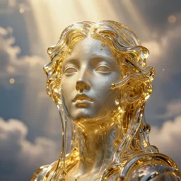 female face melting in golden glass, hypperrealistic 3 d sculpture, bokeh, long exposure, close up portrait, epic light, clouds, god rays, heaven, art noveau, artistic sketch
