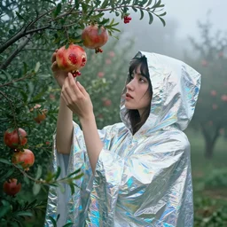 a closeup portrait of a woman wearing a hooded cloak made of holographic mylar, picking pomegranates from a tree in an orchard, foggy, moody, photograph, by vincent desiderio, canon eos c 3 0 0, ƒ 1. 8, 3 5 mm, 8 k, medium - format print