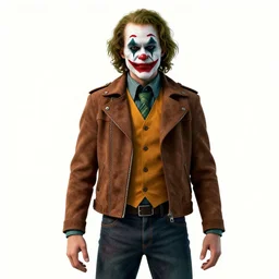 octane render of a human version of the trollface meme with joker makeup and wearing a suede jacket and jeans, 8 k, very detailed, very intricate, white background,