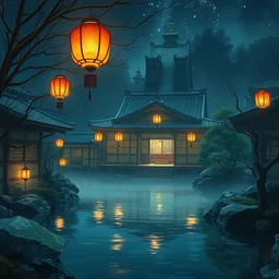 painting of night time intimate empty traditional onsen by small inn floating lanterns by artgerm mullins rutkowski mucha without people bonsai zen garden warm inn traditional japanese architecture concept art fantasy octane raytracing vivid color indirect light artstation