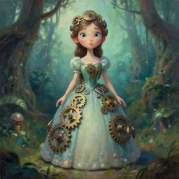 scifi pricess of the cloud forest, wearing a lovely dress decorated with toothwheels and cogs. this oil painting by the award - winning animator has an interesting color scheme and impeccable lighting.