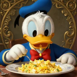 realistic photography of a terrified donald duck eating scrambled eggs, deep focus, intricate, elegant, highly detailed, digital painting, artstation, concept art, matte, sharp focus, illustration, art by artgerm and greg rutkowski and alphonse mucha