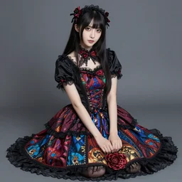 full - length photo, young woman, sitting on her knees, gothic clothes, 4 k, colourful