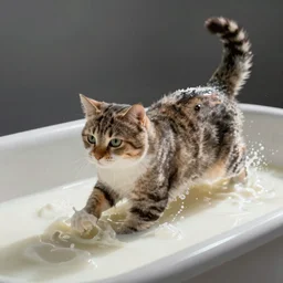 a cat escaping a bathtub filled with milk