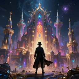 a cosmic magician in front of a fantasy city of dreams, intricate complexity, majestic, vibrant colors, artstation, hyperrealism, 8 k.