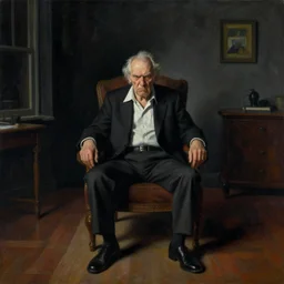 angry old man in chair inside a dark house, surrealism, painting by boris vallejo and michael whelan