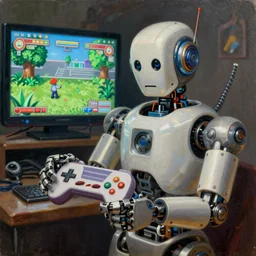 an elaborate robot holding a retro game controller in its hand, on screen video game shown in background, intricate details, hyperrealistic oil painting on canvas, deep depth field, detail, octane render, hd, hdr, 4 k, 8 k,