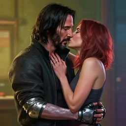 a cyberpunk 2077 couple portrait of Keanu Reeves as Johnny Silver hand and female V in daily life ,love story, pray, hug, hold, kiss, film lighting, by Laurie Greasley, William Morris, Dan Mumford, John Wick, Speed, Replicas, Destination Wedding, The Lake House, artstation, full of color, Digital painting, face enhance, highly detailed,8K, octane, golden ratio, cinematic lighting