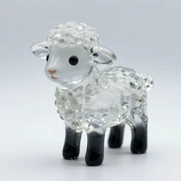 a cute and small bubbly and transparent blown crystal abstract statue toy in the shape of a little lamb with black transparent blown glass legs