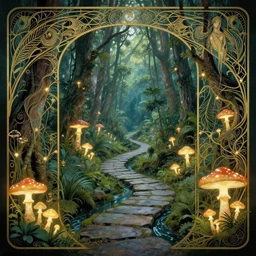 enchanted forest in the amazon, intricate design, elegant, magical, art nouveau, environment art, film still, glowing mushrooms, stone trails, stone paths, water ways, art by art by thomas kinkade and ruan jia