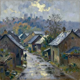 a serene village, rainy day, cold lighting, oil on canvas, by edgar degas
