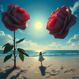 portrait, giant rose flower head, girl dancing at the beach, surreal photography, sunrise, blue sky, dramatic light, impressionist painting, digital painting, artstation, simon stalenhag
