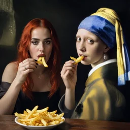 dua lipa eating too many fries, johannes vermeer, ultra detailed, ultra realistic