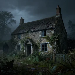 photorealistic, ruined english cottage, overgrown vegetation, apocalypse, night, fog, shadowy creatures lurking, hyperrealistic, grimdark, artstation