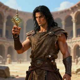 portrait of a shadowy man with long black hair in brown rags holding a magical item, gladiator arena, volumetric lighting, model, hdr, 2 4 mp, fantasy, high detail, elegant, digital painting, natural light, vibrant, intricate, textured skin, highly detailed, artstation, sharp, focus, illustration, anna dittmann, ilya kuvshinov, nikolay makovsky