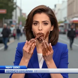 candid photo of news female anchor face full of chocolate cream, mess, report on street