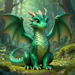 handsome cute emerald dragon in verdant forest, dnd character, background focus, high fantasy, magic, regal, realistic textured skin, gemstone textured scales, hawk feather, wings extended, lizard legs, regal pose, huge eyes, clear clean, by lya kushinov, avetetsuya studios, alexandra fomina artstation, by makoto shinkai, shinerai, digital 2