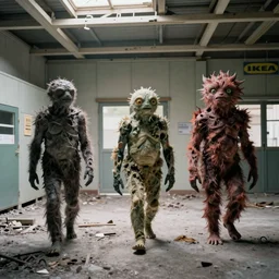 realistic photograph of the inside of an abandoned ikea with strange humanoid monsters walking inside, 3 5 mm, film grain