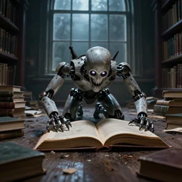 robot horror crawling out from an open book, library, dark window, satan, books scattered on the floor, disarray, messy, dirty, hyperrealistic