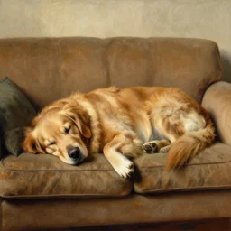 a golden retriever sleeps in a couch by Rembrandt l, outpainting