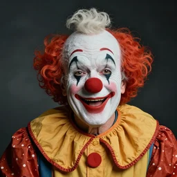 an very old clown with a big nose of an alcoholic, happy look, studio photograph, soft lighting