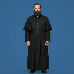 a priest in a long black cassock with a thick dark beard stands on a blue background, digital art, 8 k, character, realism, portrait