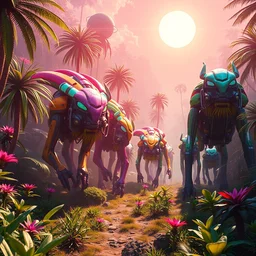 a herd of huge multi - coloured animal - robot hybrids walking in lush and rainbow coloured extra terrestrial jungle with strange plants under a bright multi sun sky, hyper detailed, digital art, trending in artstation, cinematic lighting, studio quality, smooth render, unreal engine 5 rendered, octane rendered, art style by klimt and nixeu and ian sprigger and wlop and krenz
