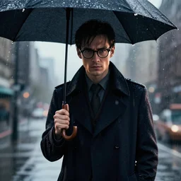 close up view of a man with a coat dress with a glasses holding a umbrella in the middle of a raining city, unreal 5, hyperrealistic, realistic, photorealistic, dynamic lighting, highly detailed, cinematic landscape, studio landscape, studio lighting