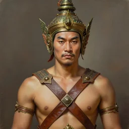 smart tai warlord of lanna, chiang mai, closeup portrait, without beard and mustache, historical hero, ethnic group, tai costume, thai traditional bronze headdress, intricate, with leather armor cross on bare chest, elegant, loin cloth, highly detailed, oil painting, artstation, concept art, matte, sharp focus, illustration, hearthstone, art by earl norem