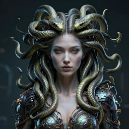portrait medusa, goddess, science fiction, organic, snakes, stunning beautiful by a psychopath, ultra detailed, 3 d, future tech, global illumination, award winning, wires and circuits