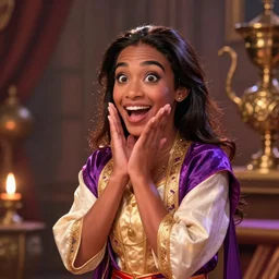 disney genie and a surprised woman dressed as a genie, screenshot aladdin movie