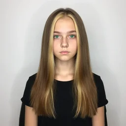 brunette with dyed blonde hair, 18 years old, 155 cm tall, flat ironed hair, green big eyes, small nose, small mouth, diamond shaped face, big forehead, lop eared, full body shot