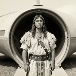 portrait of Iroquois warrior standing in front of the space ship entrance, vintage old photo, black and white, sepia,