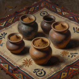 a closeup painting of a few small open pots containing brown powder disposed on a beautiful indigenous fabric, matte painting, by christophe vacher
