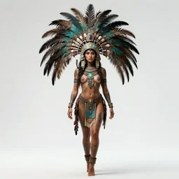 character design, full body view, head to feet view, beautiful aztec warrior, muse goddess, crown of very long quetzal feathers, glowing aztec tattoos, pretty, dark fantasy
