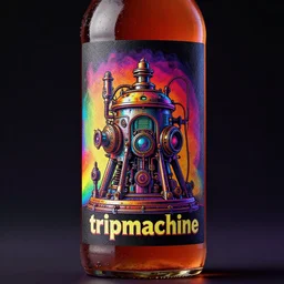 photo of a rainbow colored filigran steampunk bottle, band merchandise, bandname is tripmachine, realistic digital art, label on the bottle is printed with a 3 d render of a huge futuristic steampunk generator, 8 k, fluorescent colors, halluzinogenic, multicolored, exaggerated detailed, unreal engine