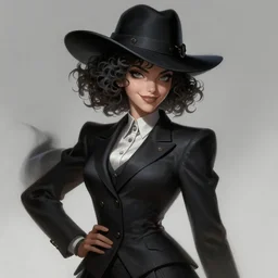 a highly detailed illustration of curly short haired girl wearing noir hat and suit, dramatic smiling pose, intricate, elegant, highly detailed, centered, digital painting, artstation, concept art, smooth, sharp focus, league of legends concept art, WLOP