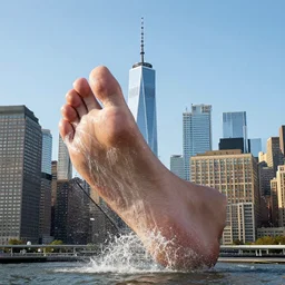 a big foot crushing the nyc skyline