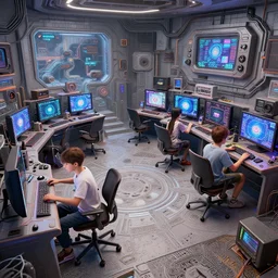 1 9 8 0 s, cassette futurism, two boys playing game at a spacious gaming room with their hi - tech gaming setup, intricate, highly detailed, spacious, indoor, artstation, art by filip hodas and artgerm