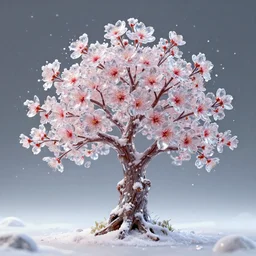 A crystalline cherry blossom tree made out of glass, snow is falling hyper realistic, unity engine