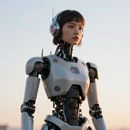 beautiful Fine art photography of a solarpunk part robot mostly human girl with real human face and torso, small lights over body, white background, highly detailed, medium shot, photorealism, sunset lighting 8k